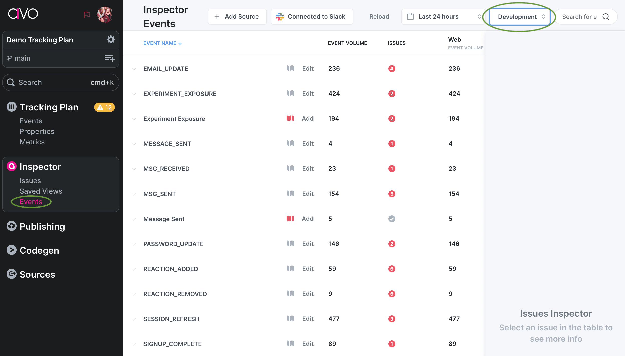 Accessing dev data in the Inspector events view.