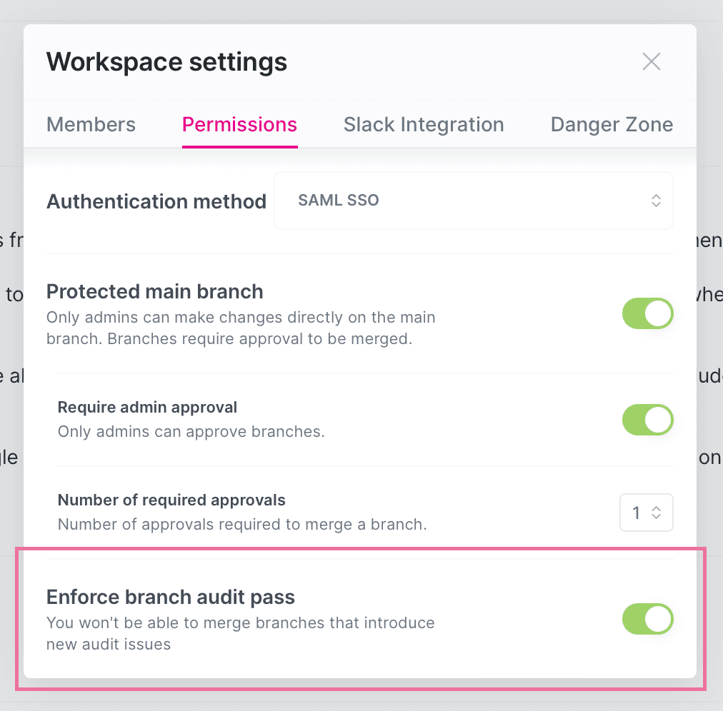 A picture showing the setting for enforcing branch audits to pass before merging being enabled.